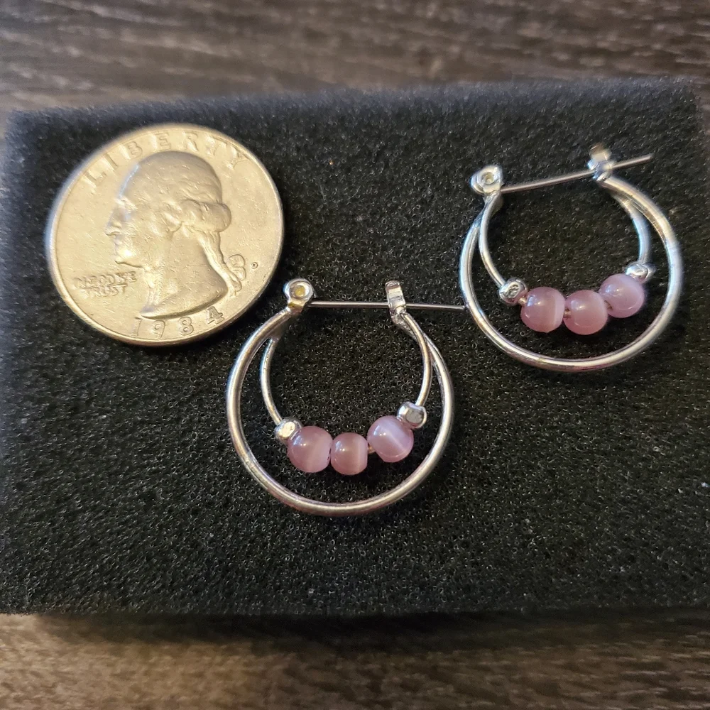 Silver tone Pink Heart Necklace and Hoop Earrings